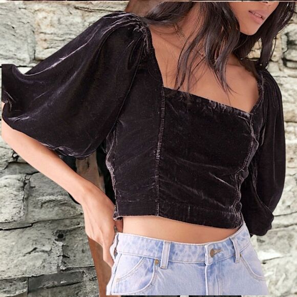 Free People Velvet Marie Pouf Black Crop Top Women Open Back Balloon Sleeve M - Picture 2 of 12